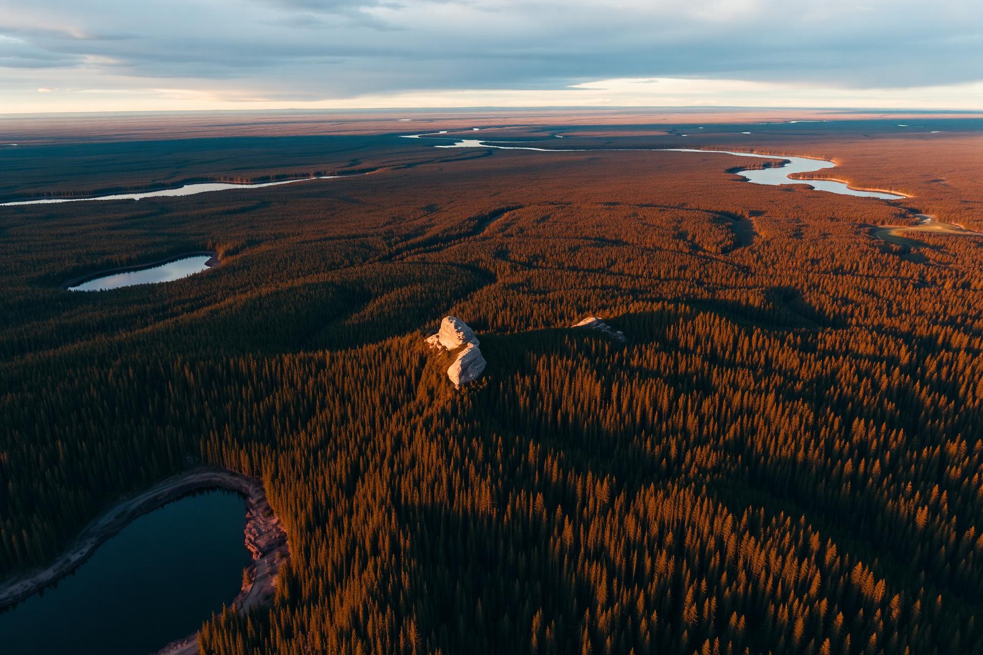 Aerial view of Northern Ontario's Red Lake region at golden hour